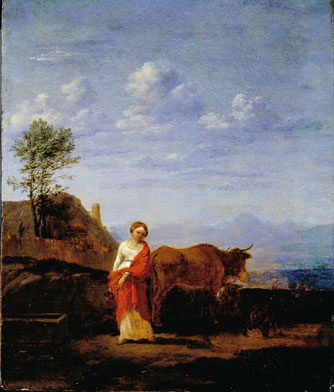 A Woman with Cows on a Road