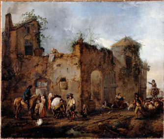 Courtyard with a Farrier Shoeing a Horse