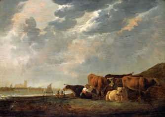 Cattle near the Maas, with Dordrecht in the distance