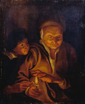 A Boy lighting a Candle from one held by an Old Woman