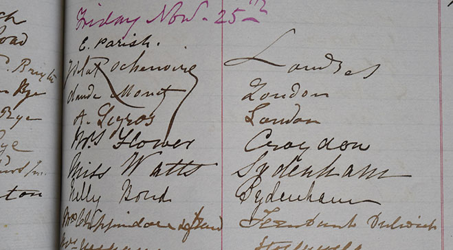 Monet's signature in the Dulwich Picture Gallery visitors book, 1870